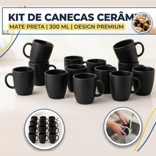 Kit de Canecas Cerâmica Porcelana 300ml Premium Jogo Xícara Café Chá Moka Capuccino Cor Preta