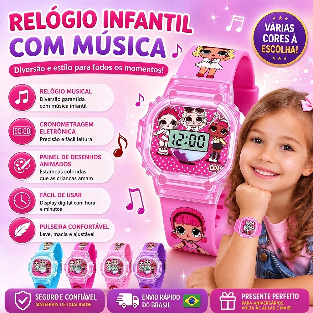 Relógio Infantil Meninino Menina Criança Digital Com Luzes E Música Ideal Para Presentear Crianças