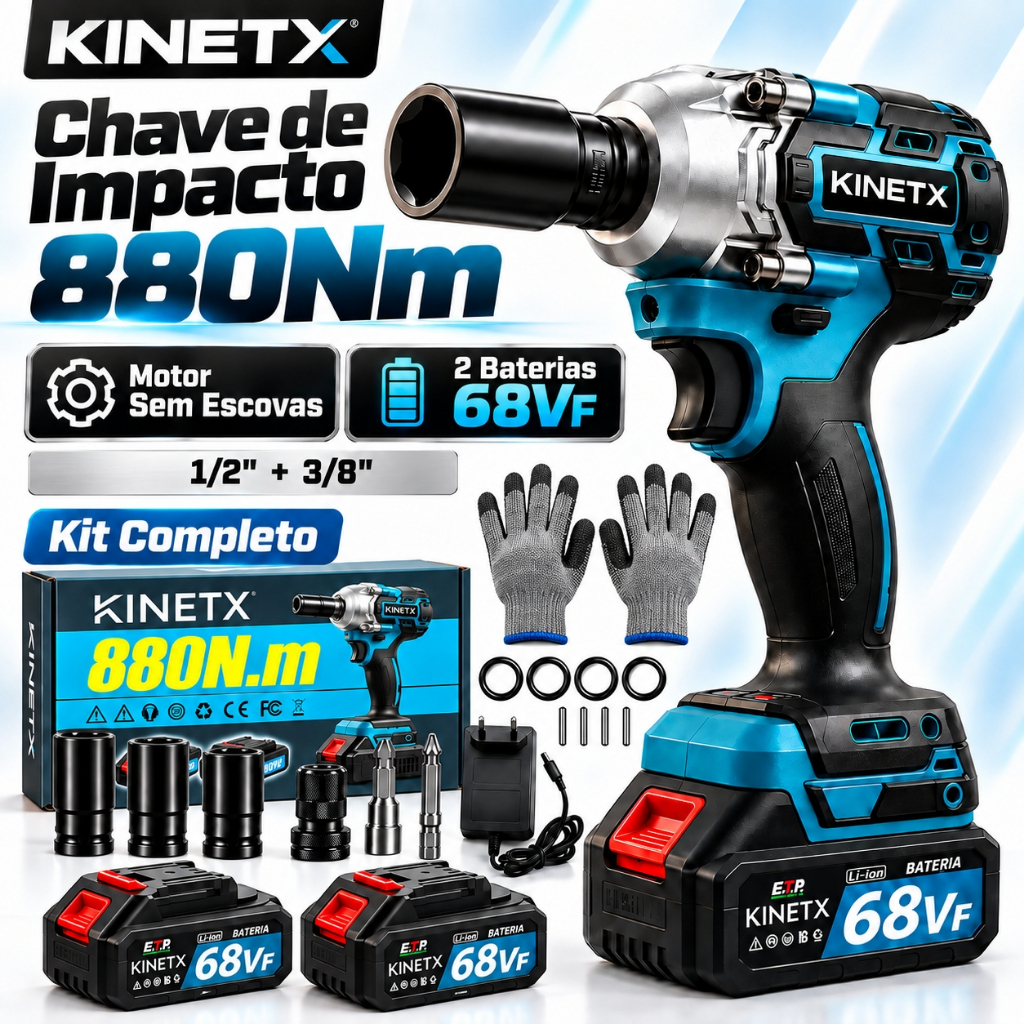 KINETX Chave De Impacto 880Nm Sem Fio Motor Sem Escova 2 Baterias 68VF Parafusadeira Furadeira Profissional Kit Soquetes