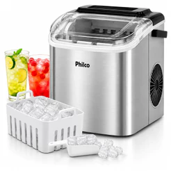 Máquina de Gelo Portátil Philco 12kg Inox 127V Produção Rápida 9 Cubos por Ciclo