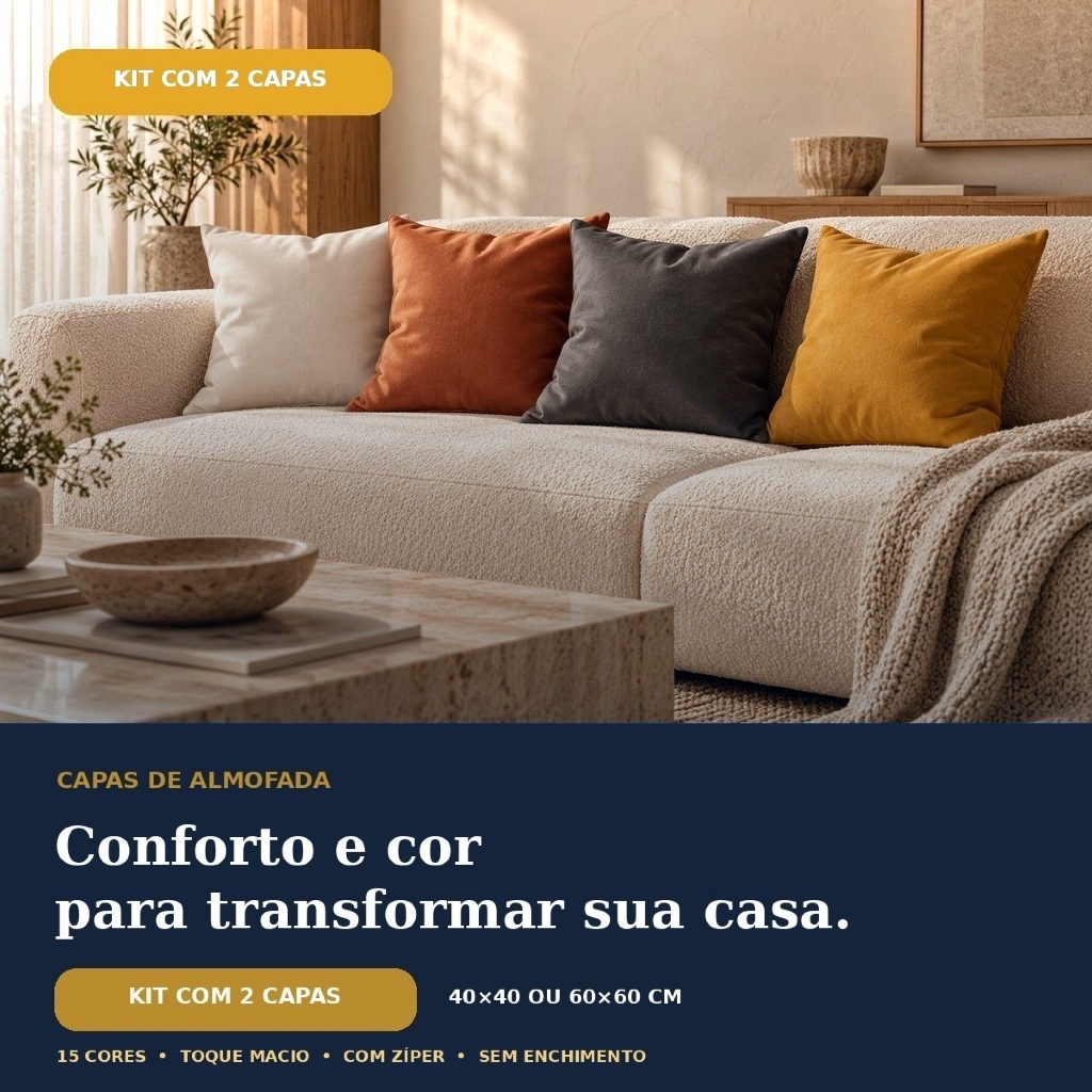 Kit 2 Capas de Almofada Suede com Zíper 40x40cm ou 60x60cm Lisa Decorativa - Várias Cores