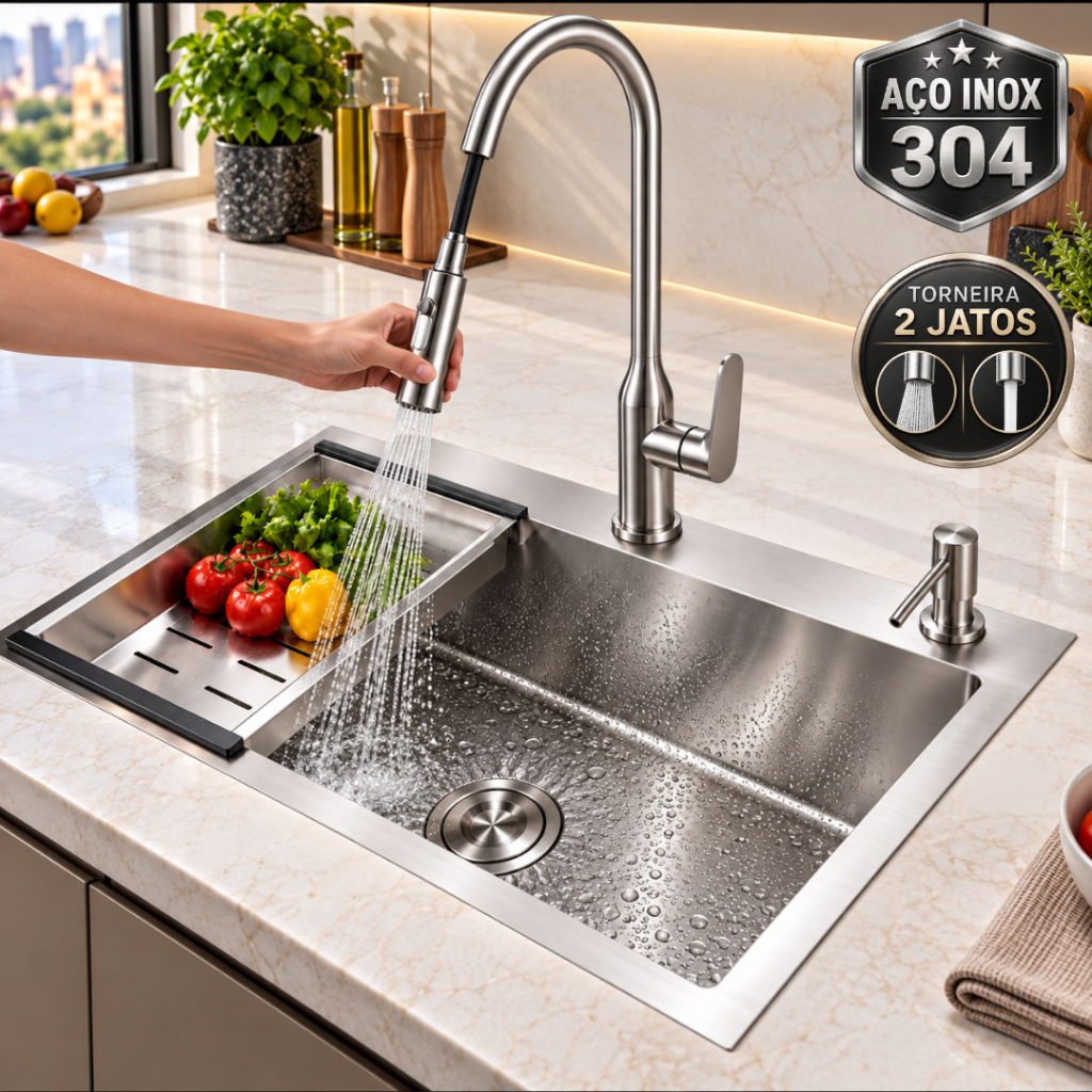 Kit Cuba Gourmet Cozinha 60x45 com Torneira para Pia de Cozinha Extensível 2 Jatos Monocomando