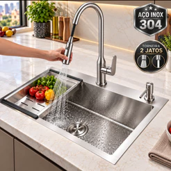 Kit Cuba Gourmet Cozinha 60x45 com Torneira para Pia de Cozinha Extensível 2 Jatos Monocomando