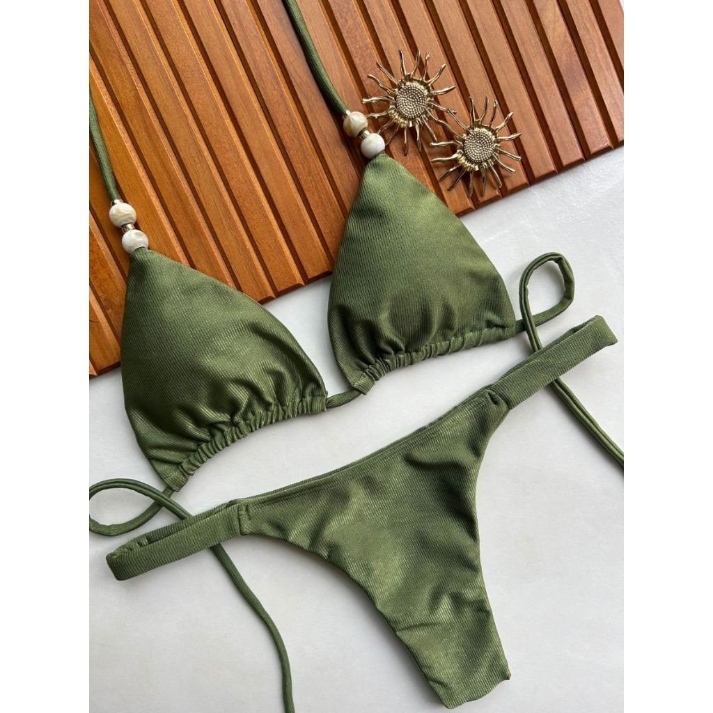 Biquíni cortininha com calcinha marquinha de fita fio duplo bronze