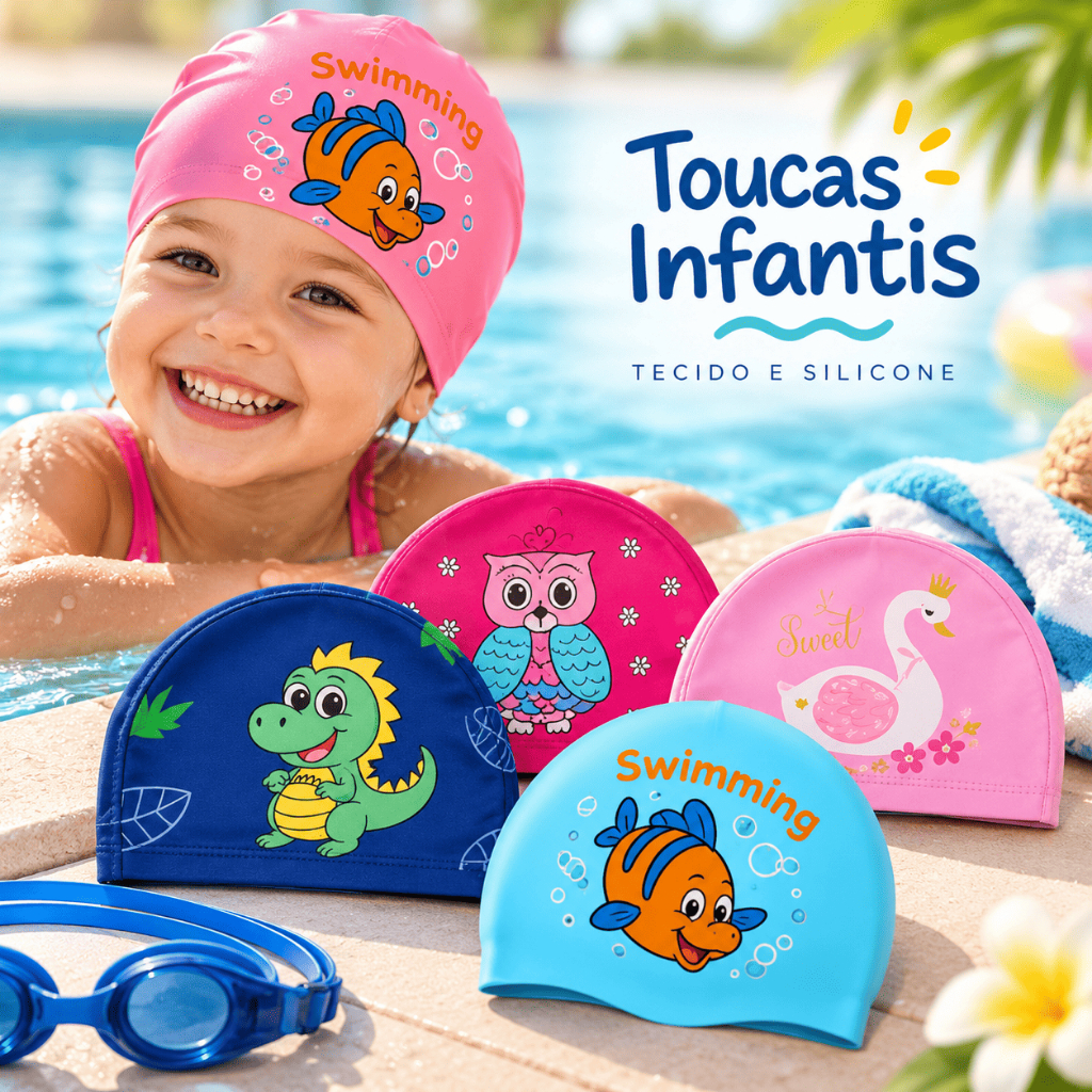 Kit 2 Touca Natação Infantil Tecido e Silicone Criança Bebe Piscina Agua Estampas Divertida
