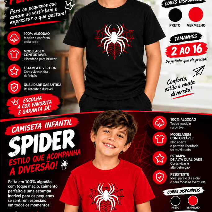 Camiseta Infantil Masculina Menino Aranha Spider Estampada 100% Algodão Manga Curta 2 ao 16