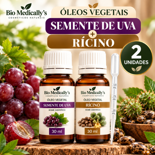 Duo Óleos Vegetais 100% Puro Semente de Uva + Rícino 2X30ml + Pipeta Força e Brilho ( 4PEÇAS)