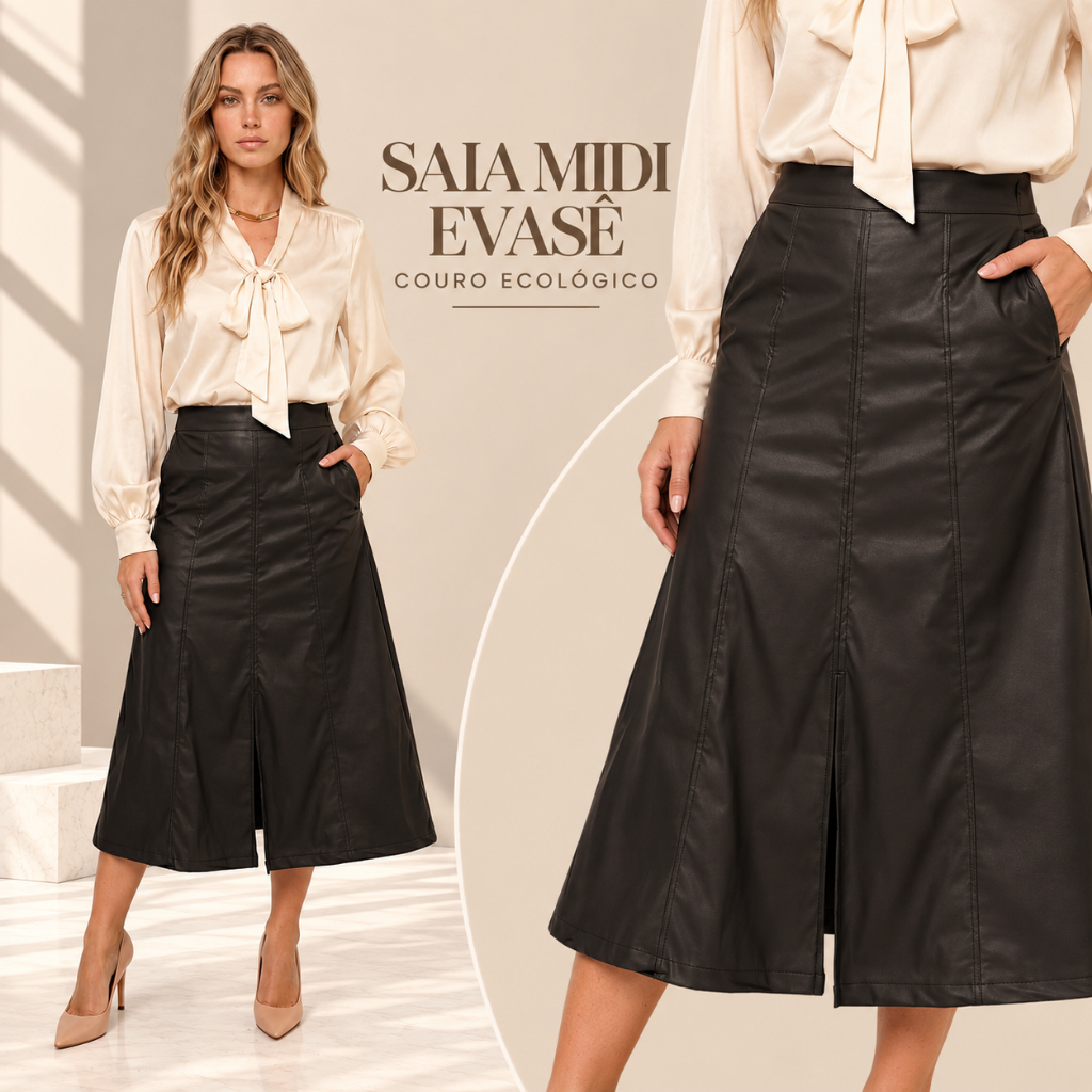 Saia Midi Evasê Cintura Alta com Fenda e Bolso Moda Evangelica