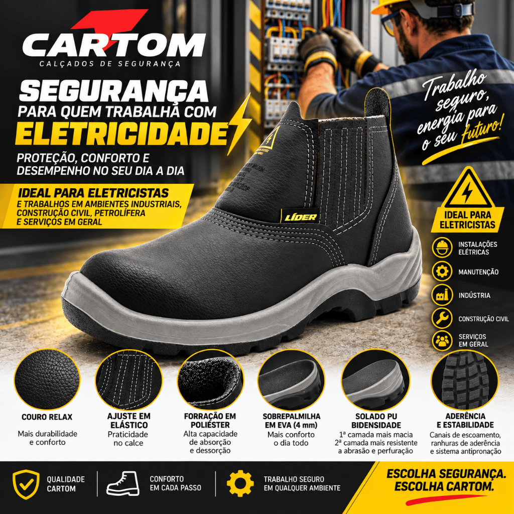 Botina De Segurança Bico de Composite Cartom Maxima Proteção Para Eletricista CA38753 Couro