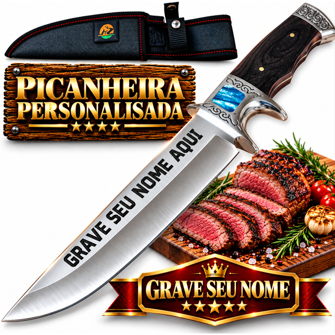 Faca Personalizada com nome De Caça Pesca Churrasco Luxo Fulltang Inox Com Bainha