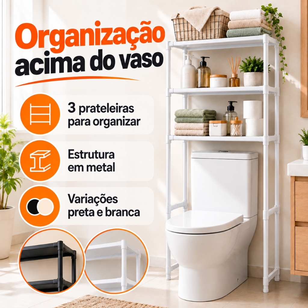 Estante Banheiro 3 Prateleiras Organizadora Aproveite o Espaço Sobre o Vaso Sanitário
