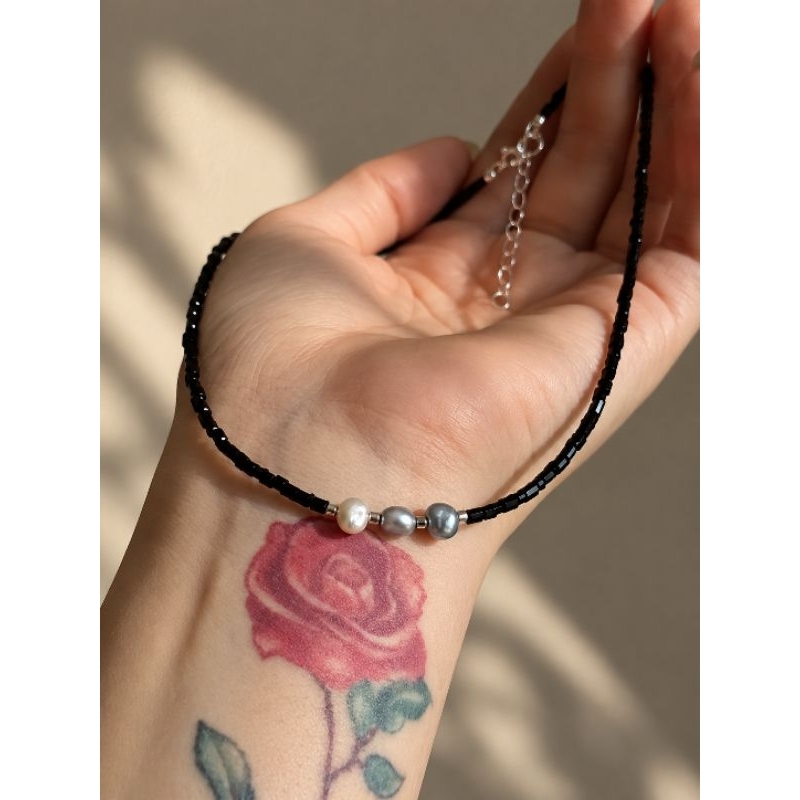 Colar Choker Pérola Natural Preto Trio Pérola e Ponto de Pérola
