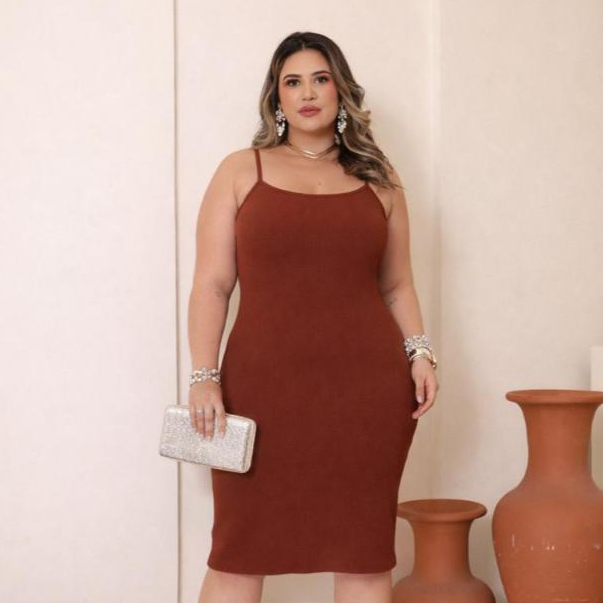 Vestido Feminino Midi Canelado Tubinho Justo  Plus Size Alça Fina Confortável Tendência Verão Moda Plus Size