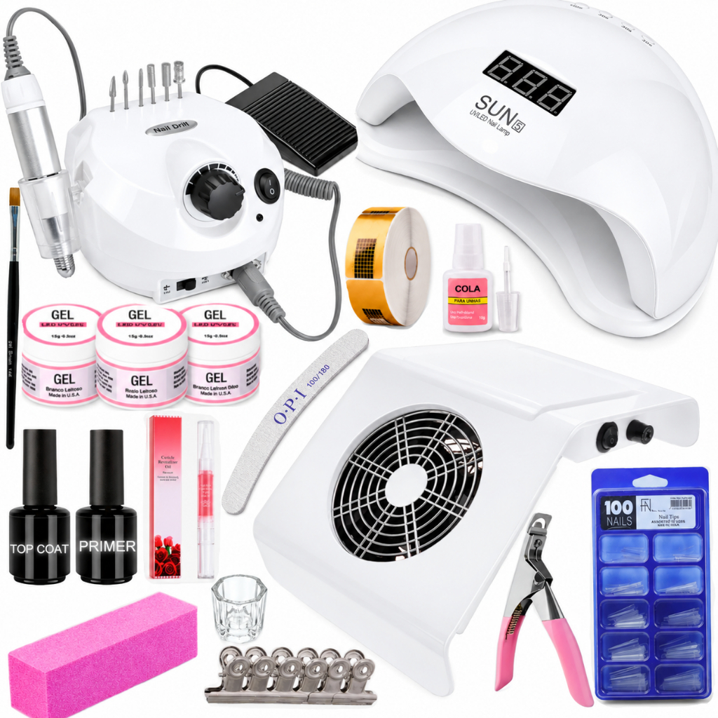 Kit Unha Gel Fibra De Vidro Profissional Lixadeira Porquinho Cabine Sun 5 Acrigel Polygel Manicure Nail Completo 5