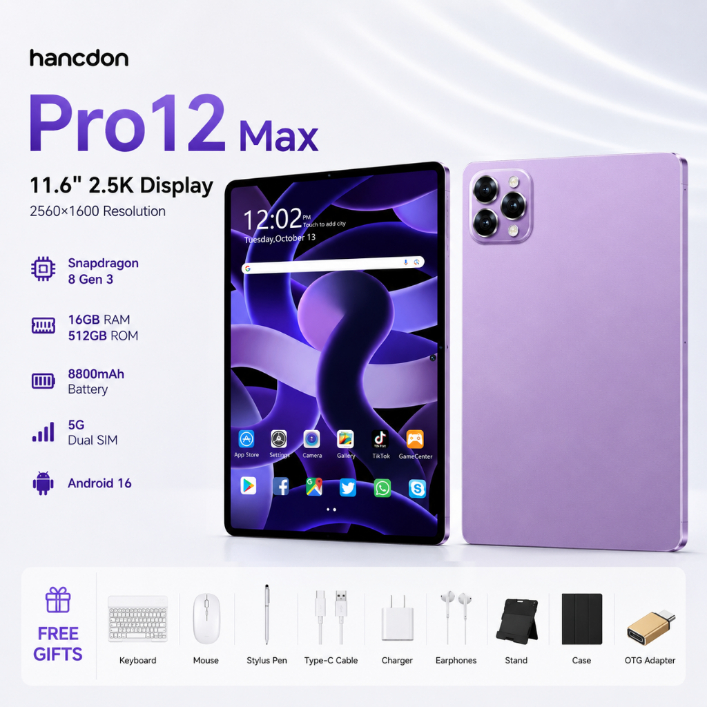 Hancdon Tablet Pro12 Max | 16GB+512GB | Android 15 | Tela FHD 11.6" | 8800mAh  4G/5G LTE 【Envio em até 24 horas】