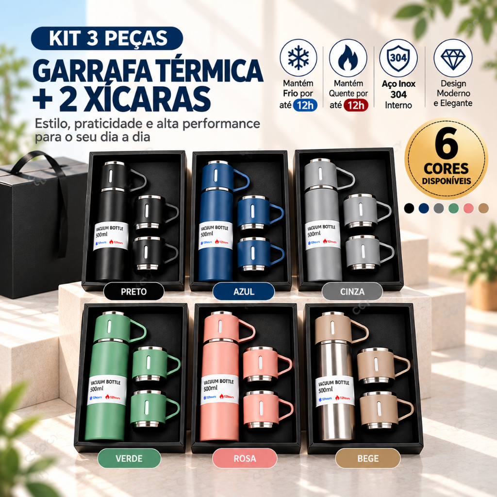 Imagem Kit Garrafa Térmica Inox Fosco 500ml c/3 Xícaras, Mantém Quente e Fria, Para Presente Escritório Viagem