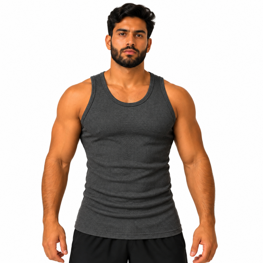 Camisa Americana Fechada Ribana Canelada Regata Verão Academia Slim Cinza Grafite