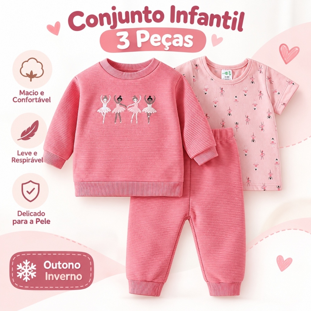 Conjunto Bebê Menina 3 Peças Moletom Camiseta Calça Bailarina 60% Algodão Outono Inverno