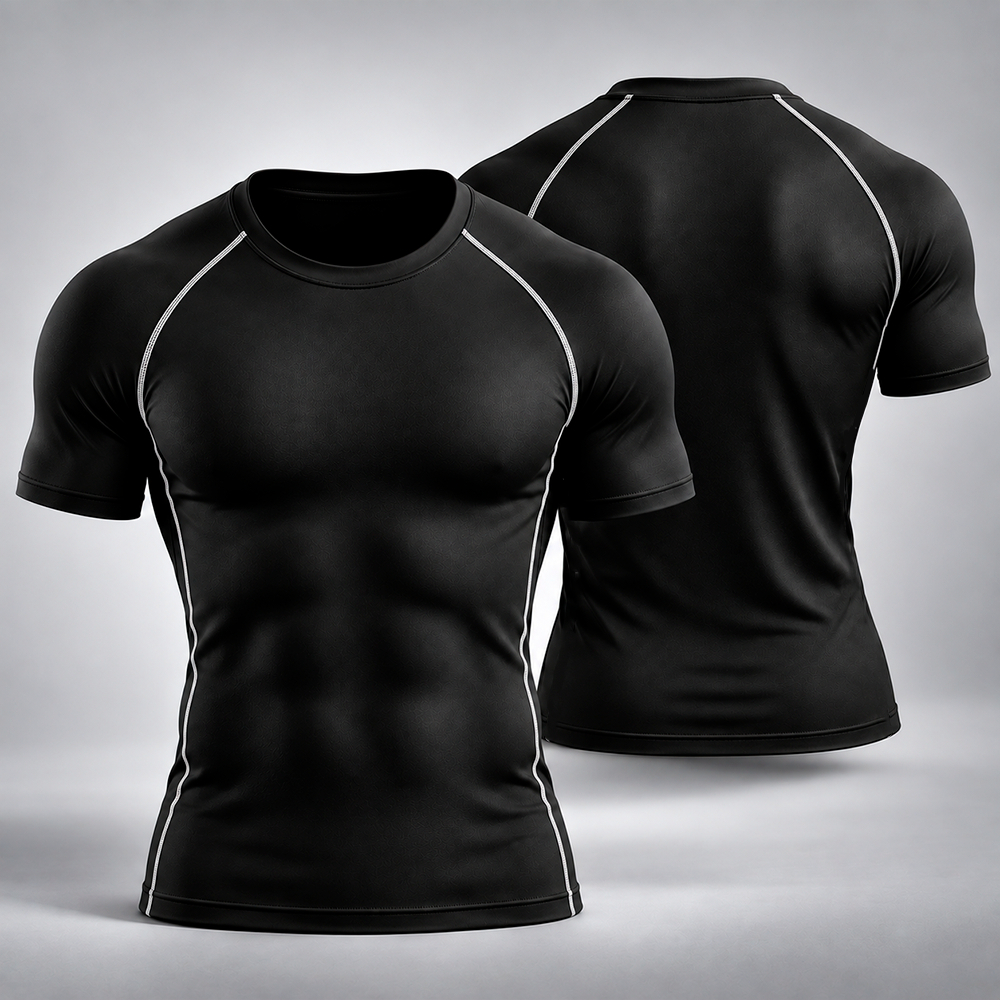 Camiseta Tecido Compressão Masculina Apertada Costura Inversa Moda Fitness Ideal Treinos Academia Lutas Preta Branca