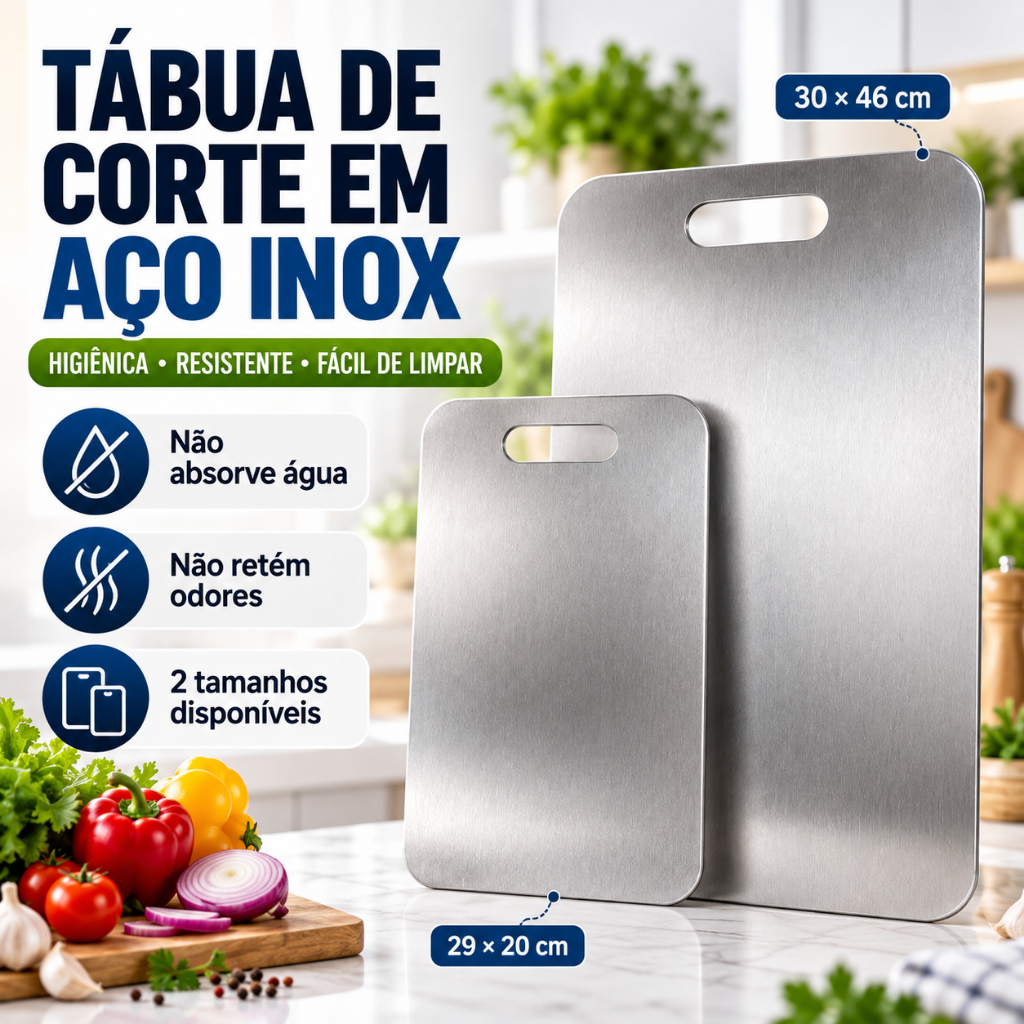 Tábua de Corte Inox para Carne Legumes Frutas 29x20/46x30cm Resistente Fácil de Limpar