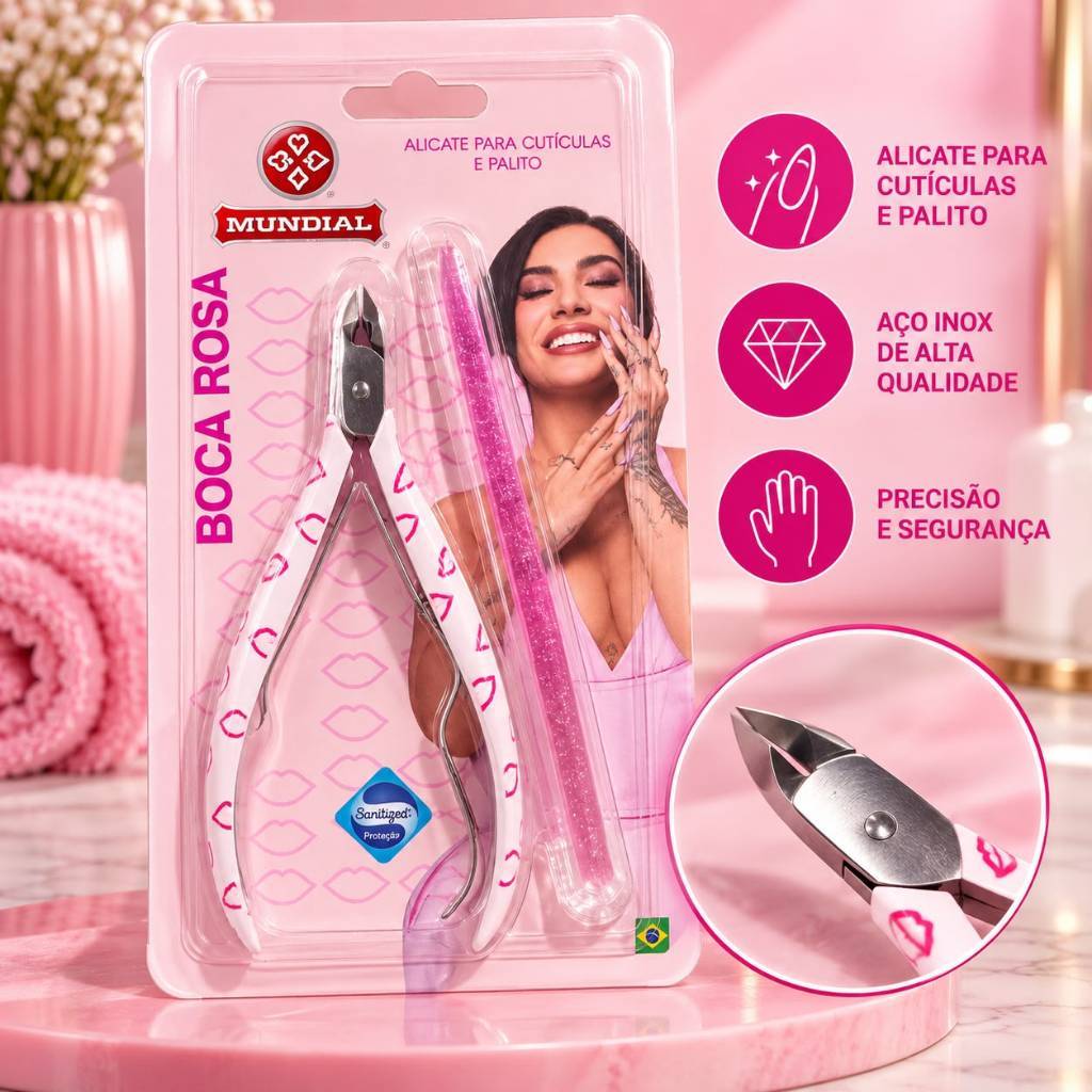 Kit Alicate de Cutícula e Palito Duplo Acrílico Glitter Coleção Boca Rosa Impala