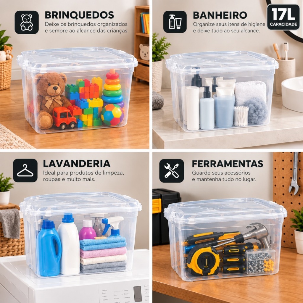 Kit Caixas Organizadora 17 Litros Multiuso Transparente Com Tampa e Travas — imagem 2 de 2