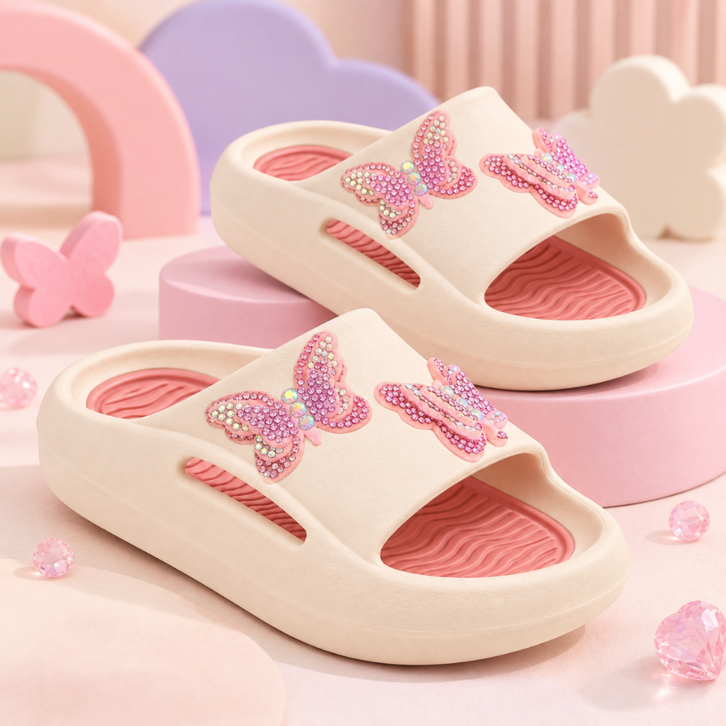 Sandália Chinelo Infantil Menina Feminino Slide Bicolor Colorido Lançamento Borboleta 3D Strass Brilho Confortável