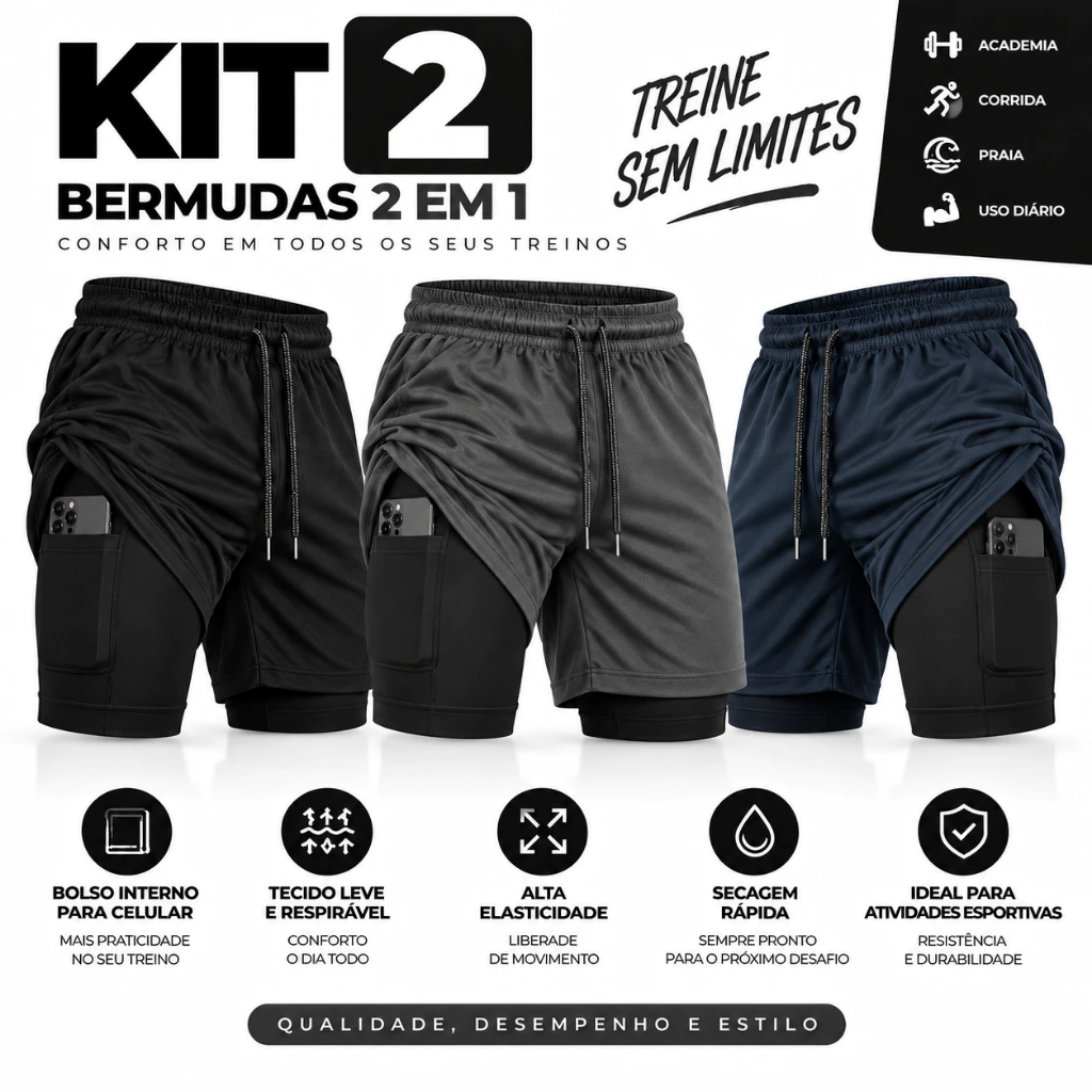 KIT 2 Bermuda de Treino Masculina 2 em 1