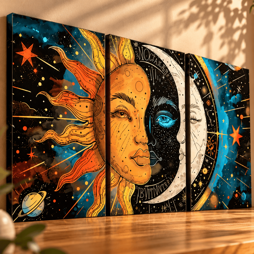Kit 3 Quadros Decorativos Sol Lua Estrelas Místico Boho Astrologia Celestial Parede decoração sala