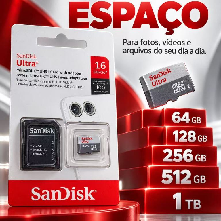 Cartão de Memória Ultra MicroSD 1TB com Adaptador SD para Fotos, Vídeos e Arquivos