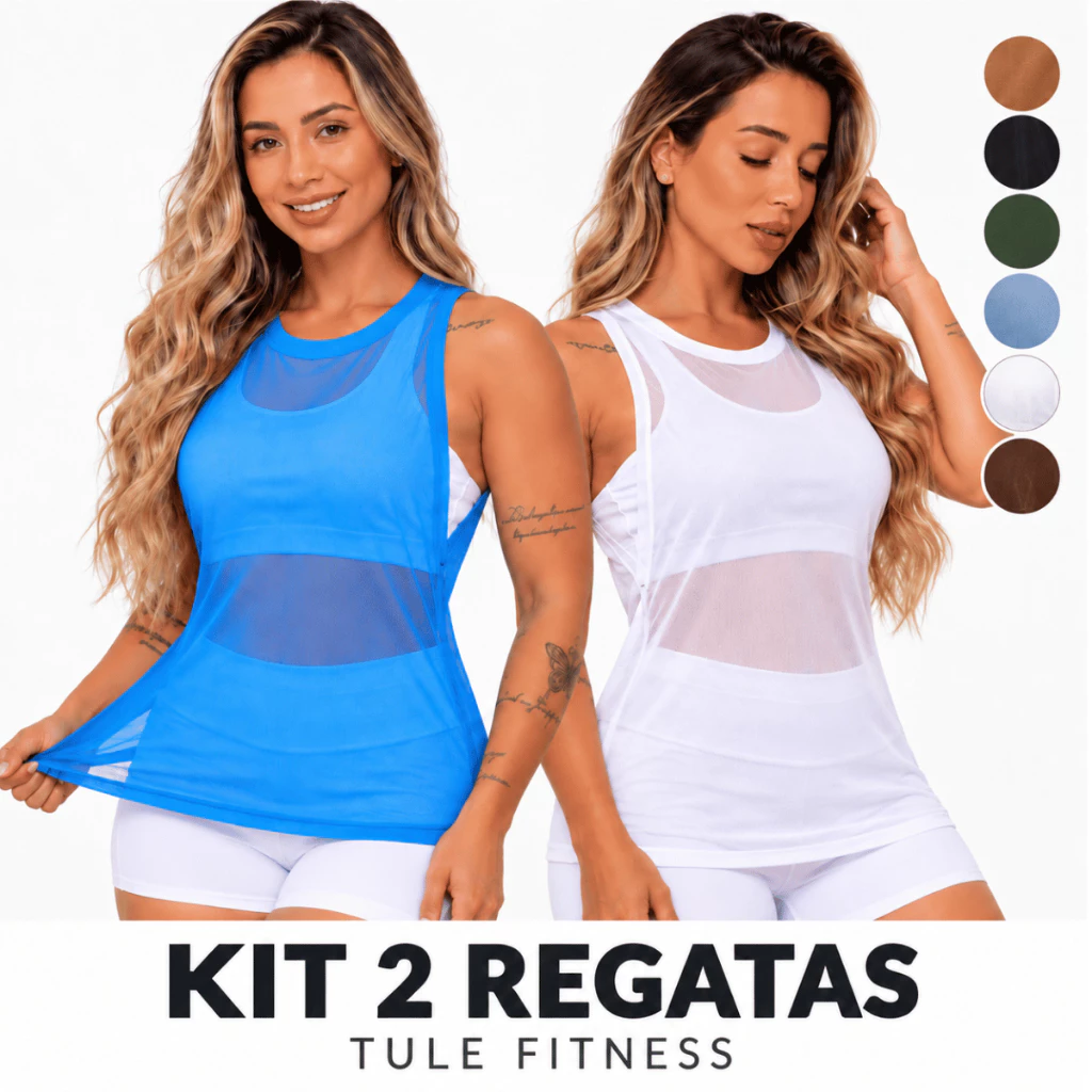 Kit 2 Blusa Feminina Tule Transparente Regata Arrastão Academia Fitness Moda Treino Camisão — imagem 1