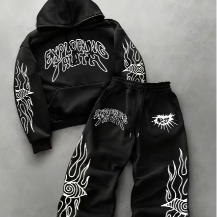 Conjunto De Moletom Canguru E Calça Estilo Streetwear Gótico Estampa Gráfica De Anjo- Confortável Flanelado Envio Rápido
