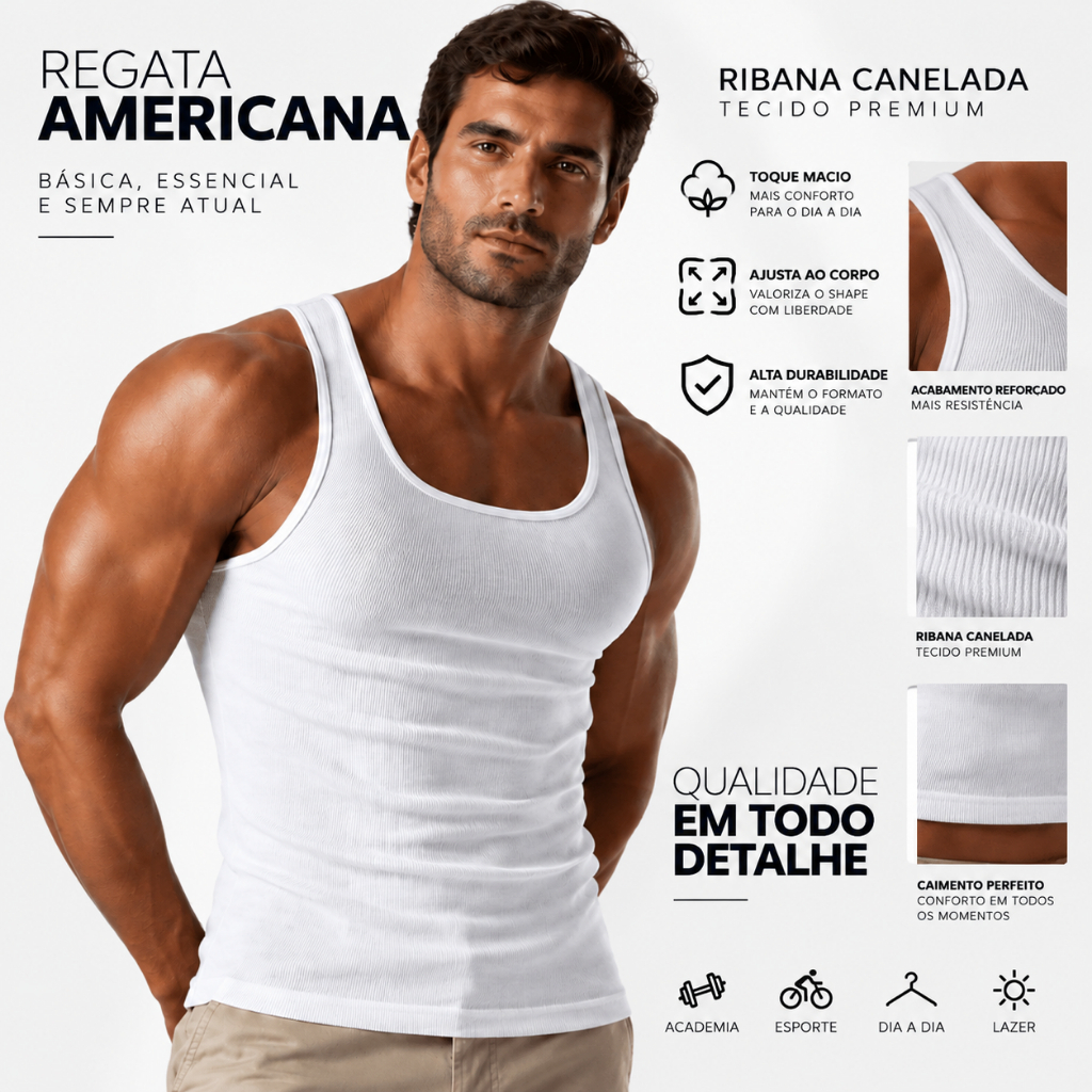 Regata Americana Masculina Ribana Canelada Premium com Elastano Ajustada ao Corpo Estilo Fitness Academia Casual — imagem 2 de 2