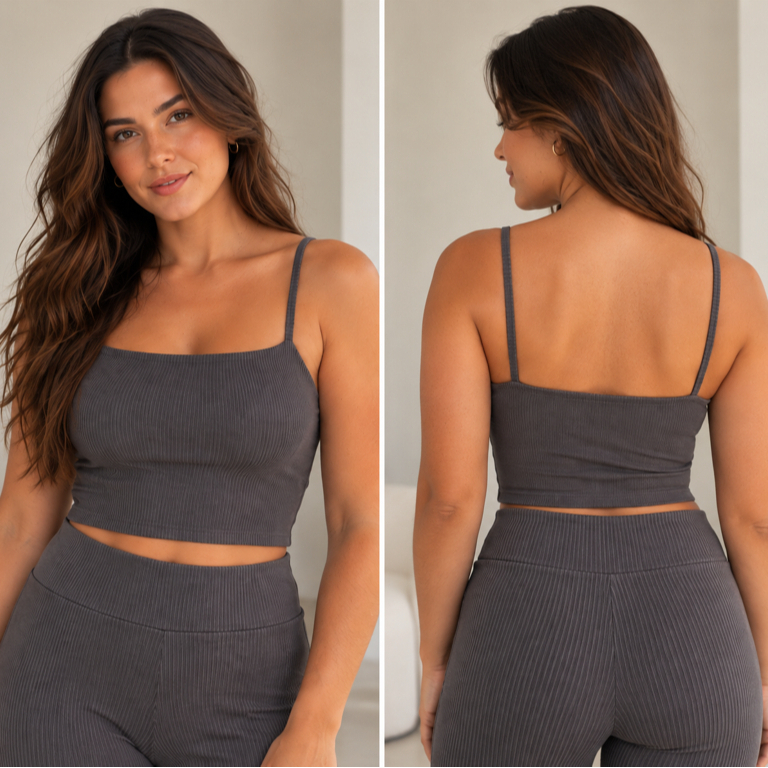 Conjunto Feminino Canelado Cropped Alcinhas e Calça Flare