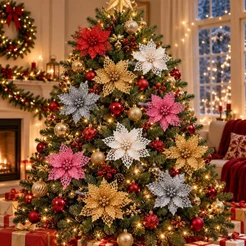 Flores de Natal 10cm com Clipe Kit 10 Enfeites para Árvore Guirlanda Festão Mesa e Presentes