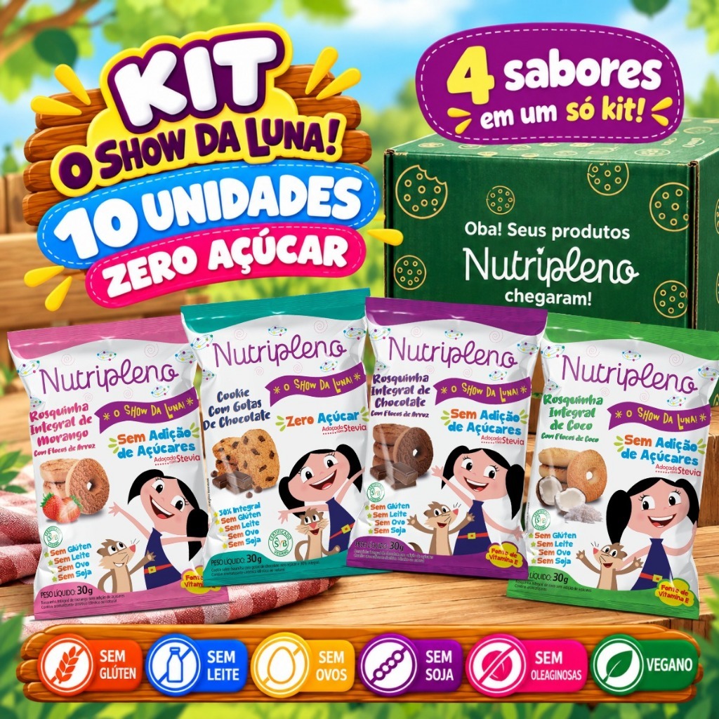 Nutripleno Kit 10 Biscoitos Sem Glúten Zero Açúcar Show da Luna Sem Leite Sem Ovos 30g