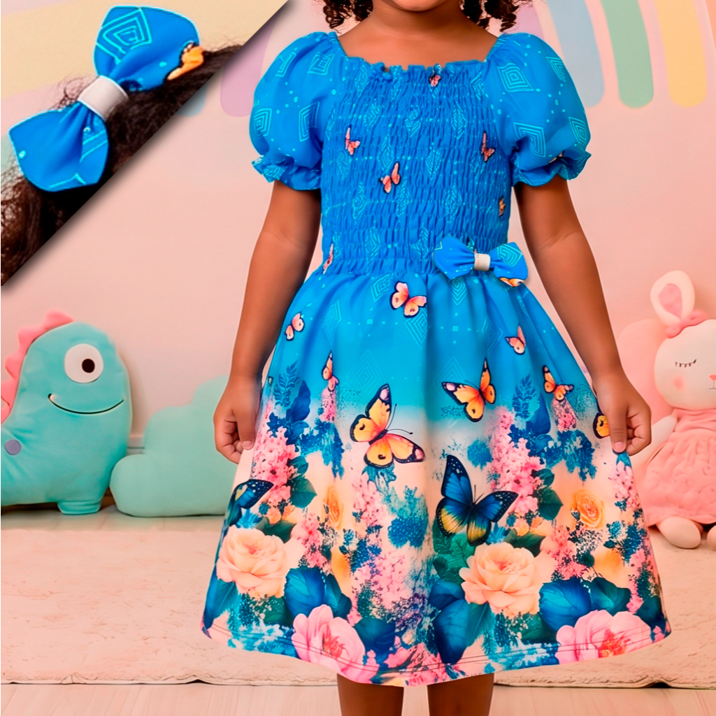 Vestido Criança Com Lacinho Ciganinha Casual Florido Rodado Infantil
