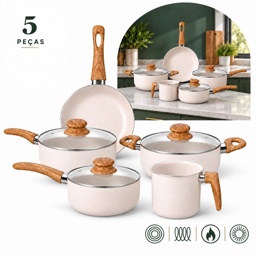 Kit Jogo 5 Peças Panelas Fogão Indução Elétrico Gás Conjunto Revestimento Cerâmico Alumínio Tippi
