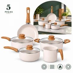 Kit Jogo 5 Peças Panelas Fogão Indução Elétrico Gás Conjunto Revestimento Cerâmico Alumínio Tippi