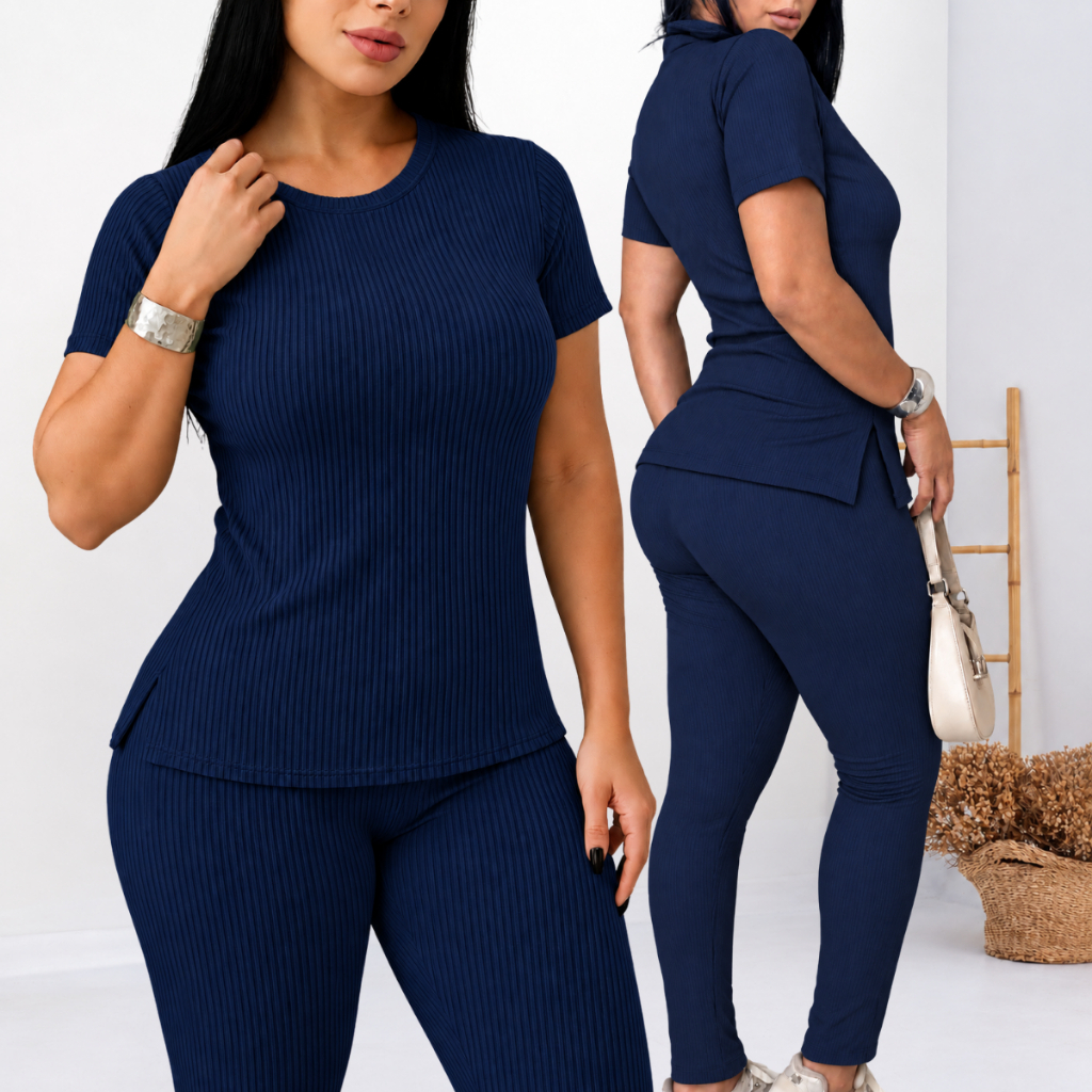 Conjunto Feminino Canelado Calça e Blusa Malha Com Elastano Premium Plus Size  Academia Tampa Bumbum