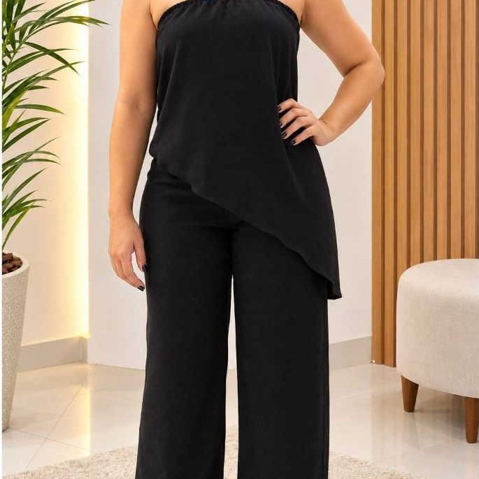 Conjunto de Blusa Assimétrica tomara que caia com calça pantalona de elástico na cintura Duna, Verão moda Feminina
