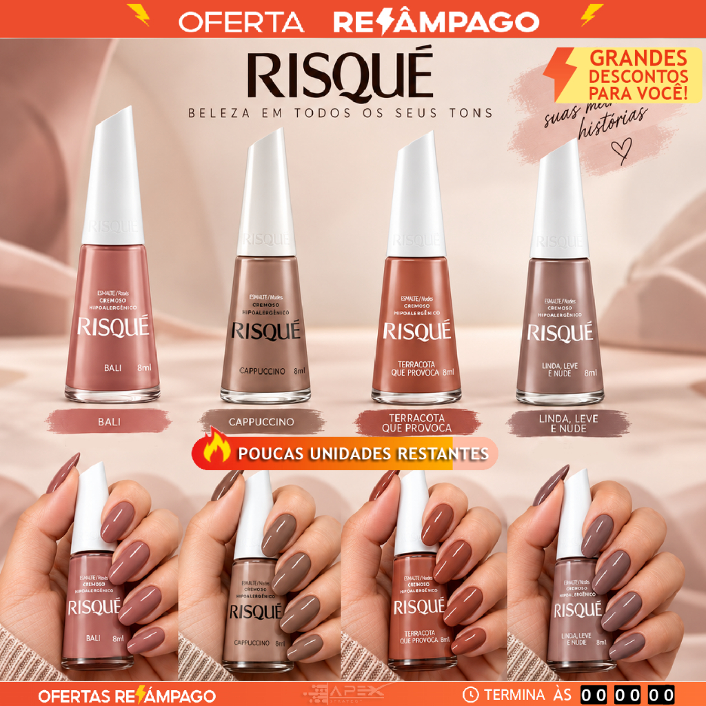 Kit 4 Esmaltes Tons Nude Risque Cremosos Risque Hipoalergênico Atacado Revenda