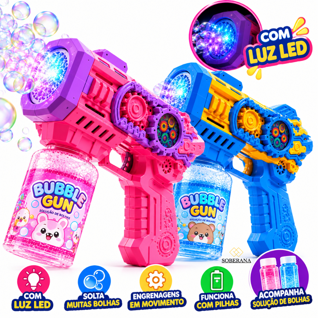 Brinquedo Máquina Lança Bolha De Sabão Colorido Infantil - Arminha Led Automática