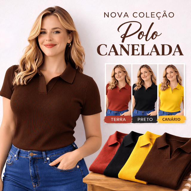 Blusa Polo Feminina Ribana Canelada Fina Manga Curta Ajustada Confortável Casual Elegante P M G