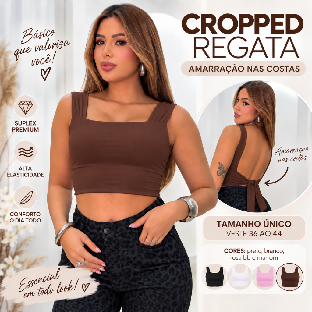 Cropped Feminino Regata Marrom Suplex Premium Amarração nas Costas Tamanho Único 36 ao 44 Moda Blogueira Casual Verão To