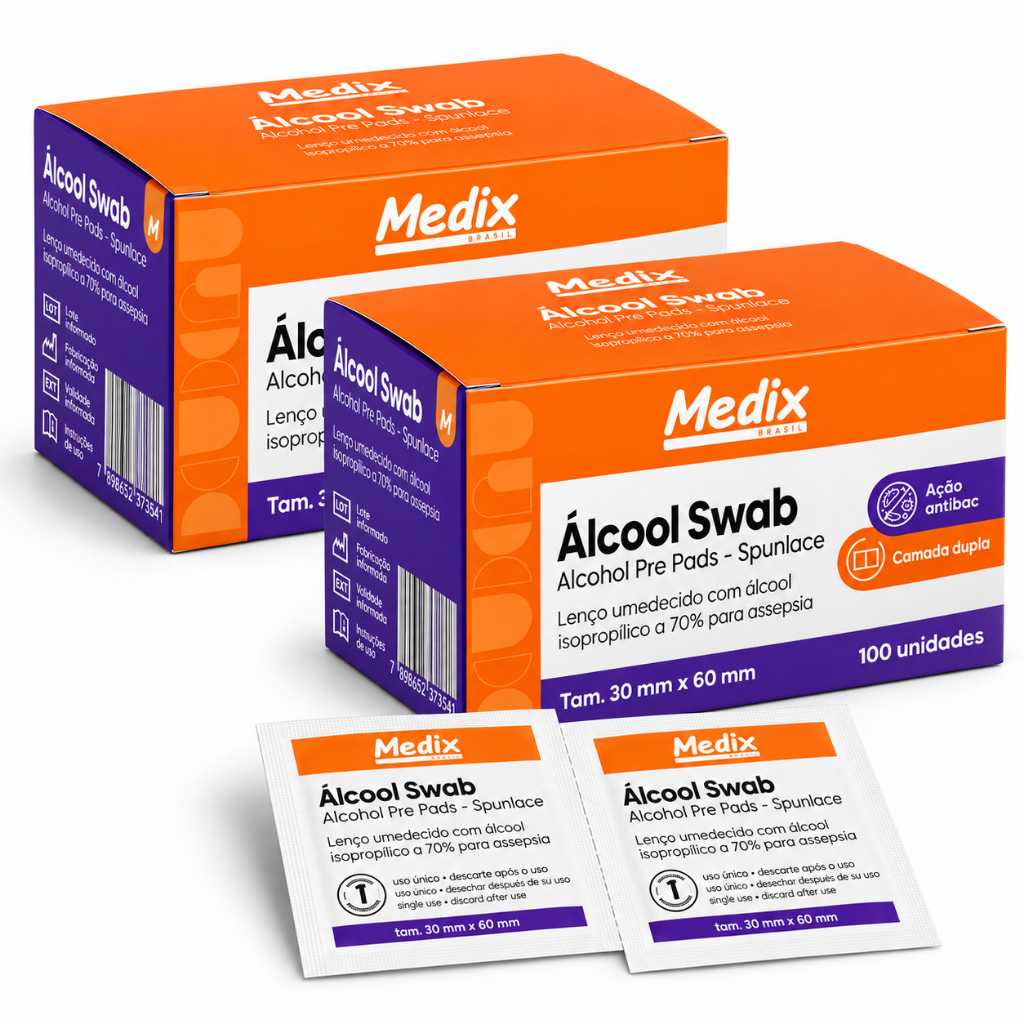 Medix Álcool Swab Lenços Umededecidos com Álcool Isopropílico 70% para Assepsia Camada Dupla 30mm x 60mm 100 Unidades
