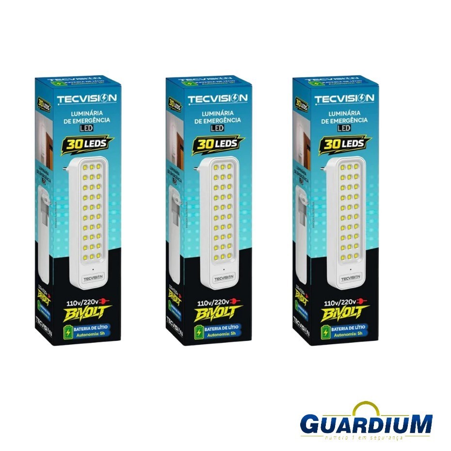 Luminária de Emergência TECVISION EL2022 Bivolt, luz automática na falta de energia com Bateria Recarregável