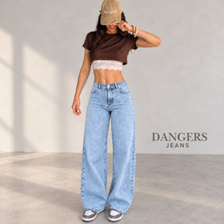 Calça Jeans Feminina Wide Leg Marmorizada Cintura Alta Sem Lycra