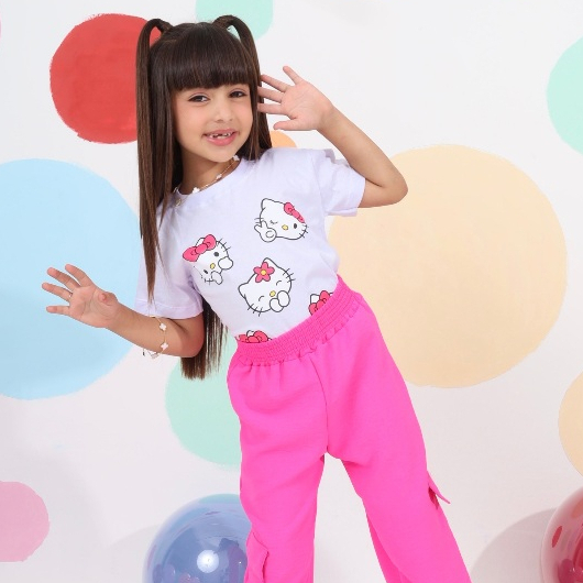 Conjunto Infantil Feminino Hello Kitty Menina Blusa + Calça Cargo Rosa Promoção