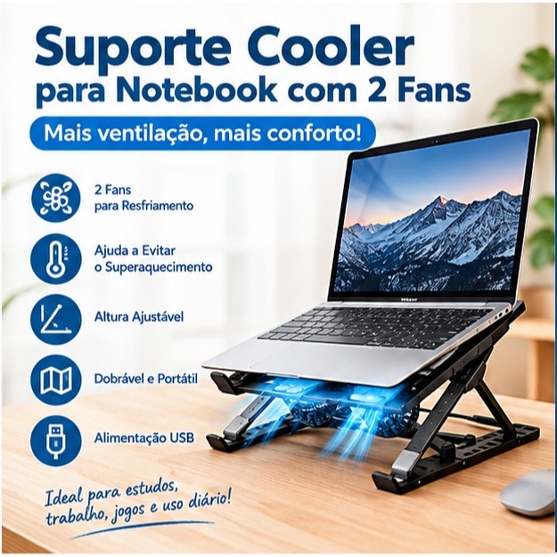 Suporte Cooler para Notebook com 2 Ventoinhas Altura Ajustável Dobrável Alimentação USB